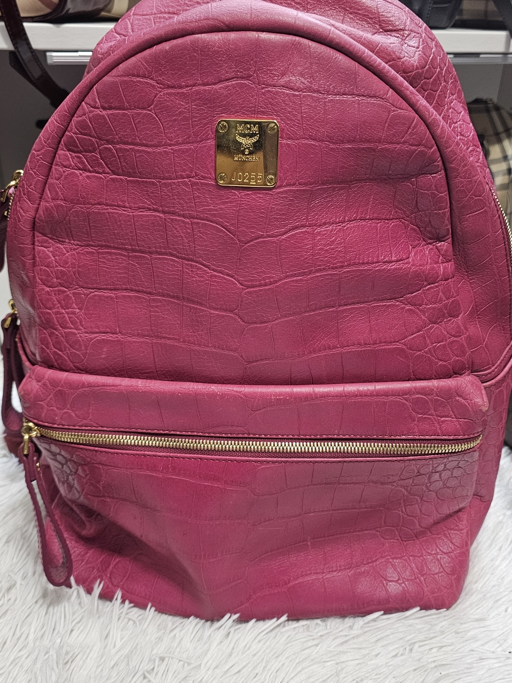 MCM Pink Croc-Embossed Leather Backpack